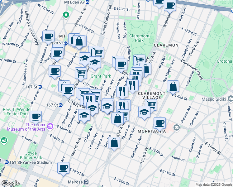 map of restaurants, bars, coffee shops, grocery stores, and more near 354 East 169th Street in Bronx