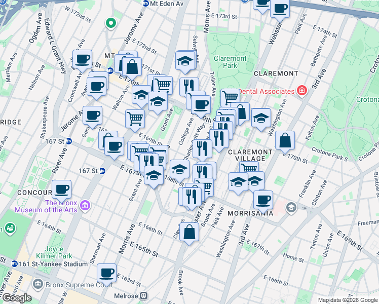 map of restaurants, bars, coffee shops, grocery stores, and more near 354 East 169th Street in Bronx