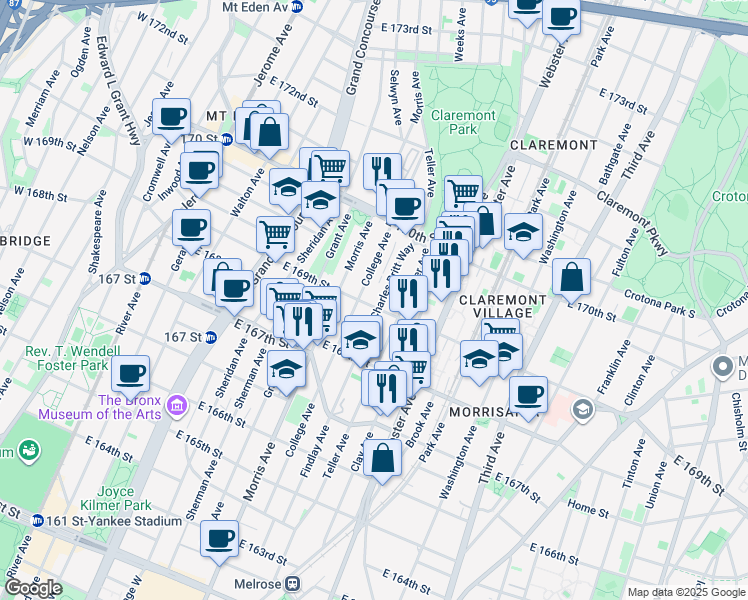 map of restaurants, bars, coffee shops, grocery stores, and more near 354 East 169th Street in Bronx