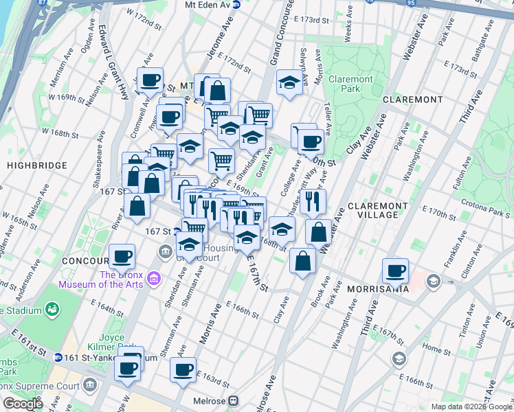 map of restaurants, bars, coffee shops, grocery stores, and more near 1268 Grant Avenue in The Bronx