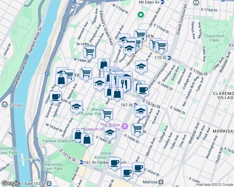 map of restaurants, bars, coffee shops, grocery stores, and more near 1166 River Avenue in The Bronx