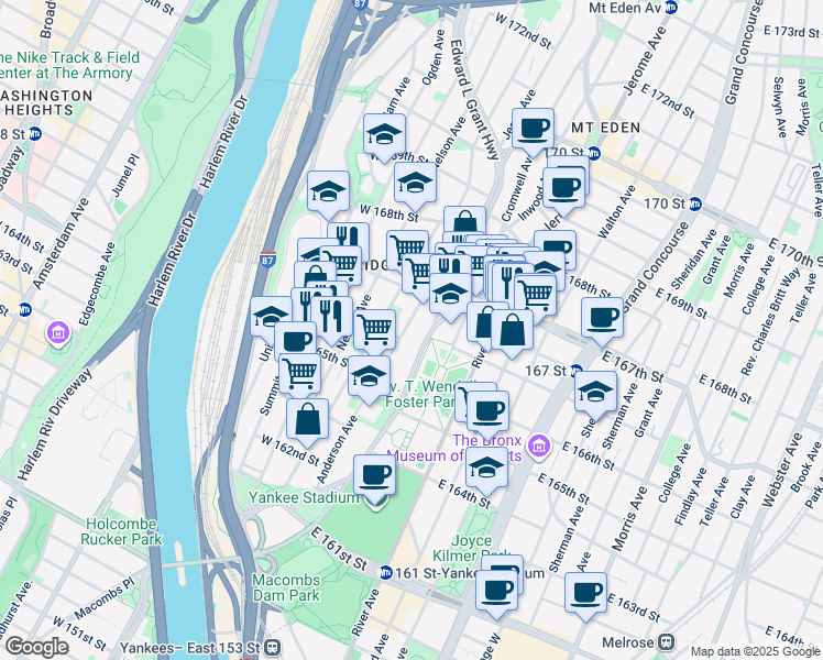 map of restaurants, bars, coffee shops, grocery stores, and more near 1115 Jerome Avenue in Bronx