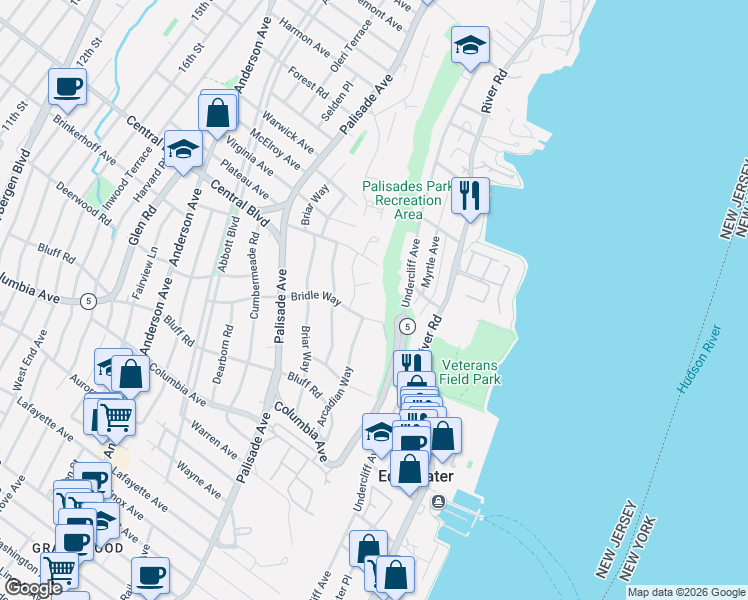 map of restaurants, bars, coffee shops, grocery stores, and more near 50 New Jersey 5 in Edgewater