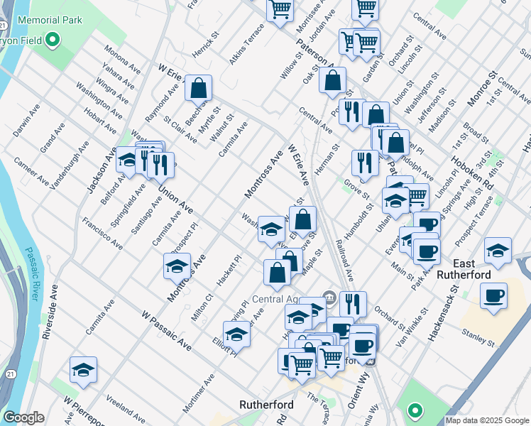 map of restaurants, bars, coffee shops, grocery stores, and more near 122 Washington Avenue in Rutherford