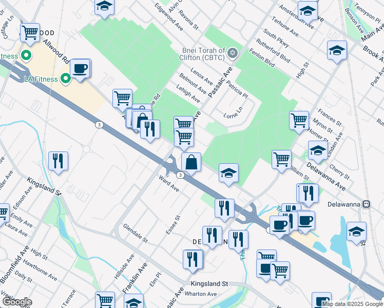 map of restaurants, bars, coffee shops, grocery stores, and more near 12 Hollywood Avenue in Clifton