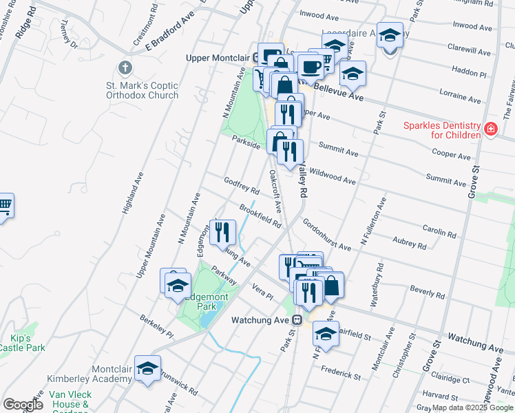 map of restaurants, bars, coffee shops, grocery stores, and more near 32 Brookfield Road in Montclair
