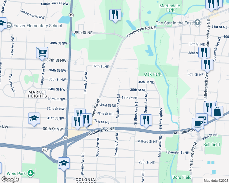 map of restaurants, bars, coffee shops, grocery stores, and more near 1206 34th Street Northwest in Canton