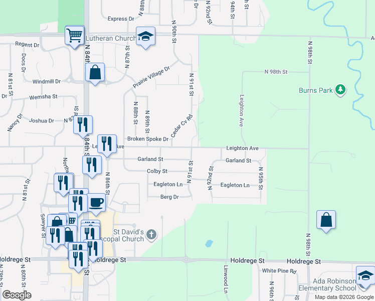 map of restaurants, bars, coffee shops, grocery stores, and more near 9040 North 91st Street in Lincoln