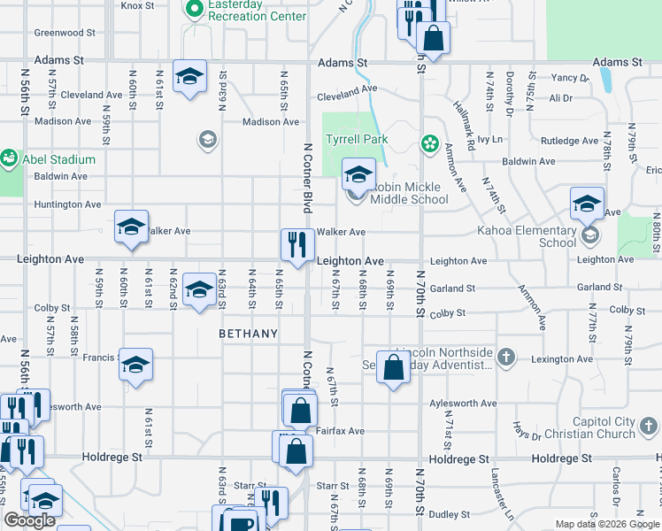map of restaurants, bars, coffee shops, grocery stores, and more near 2208 North Cotner Boulevard in Lincoln