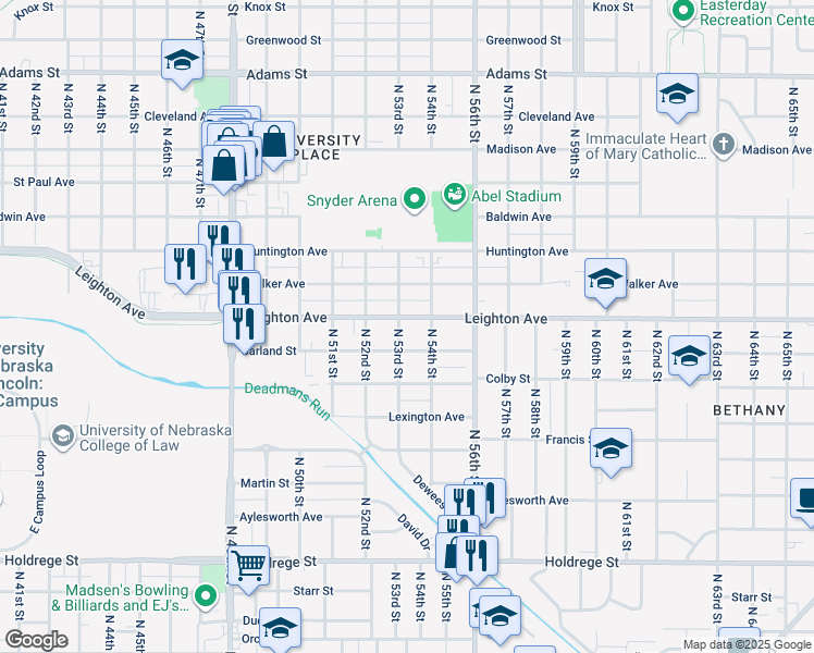 map of restaurants, bars, coffee shops, grocery stores, and more near 5320 Garland Street in Lincoln