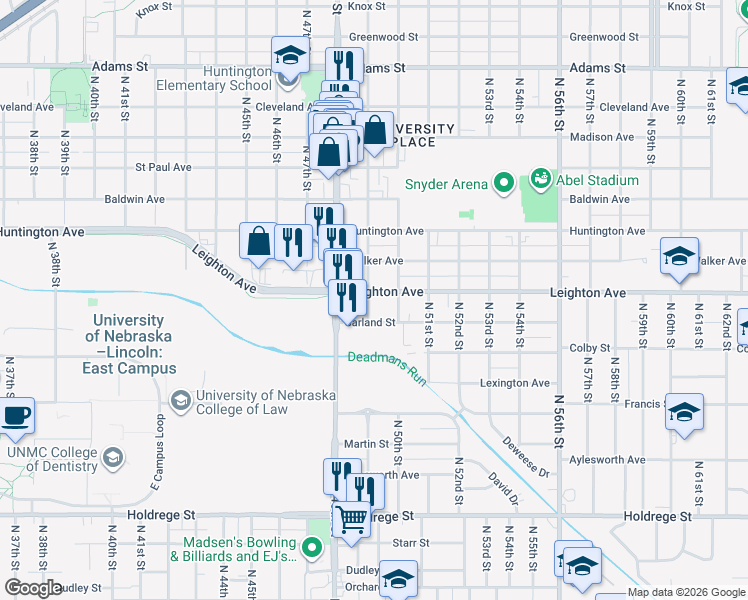 map of restaurants, bars, coffee shops, grocery stores, and more near 4830 Garland Street in Lincoln