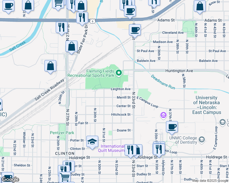 map of restaurants, bars, coffee shops, grocery stores, and more near 2232 North 32nd Street in Lincoln
