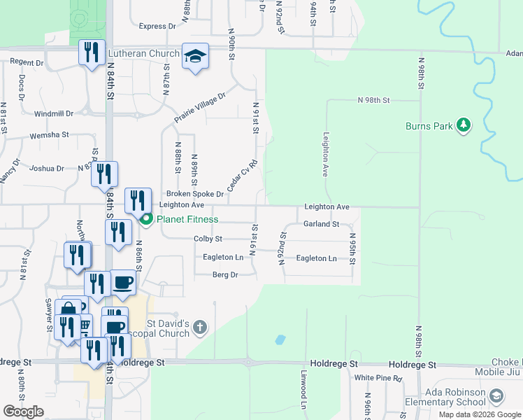 map of restaurants, bars, coffee shops, grocery stores, and more near 9040 North 91st Street in Lincoln