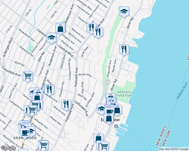 map of restaurants, bars, coffee shops, grocery stores, and more near 3 Crescent Way in Fort Lee