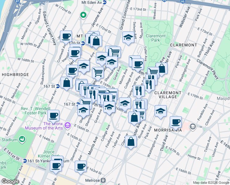 map of restaurants, bars, coffee shops, grocery stores, and more near 1265 College Avenue in Bronx