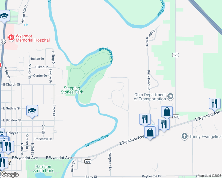 map of restaurants, bars, coffee shops, grocery stores, and more near 122 Rivers Edge Lane in Upper Sandusky