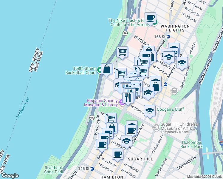 map of restaurants, bars, coffee shops, grocery stores, and more near 775 Riverside Drive in New York