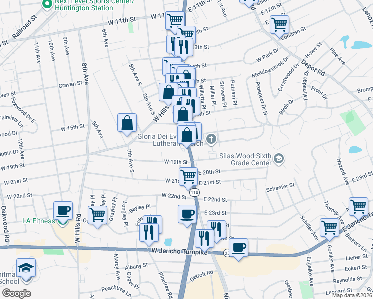map of restaurants, bars, coffee shops, grocery stores, and more near 19691973 New York Avenue in Huntington Station