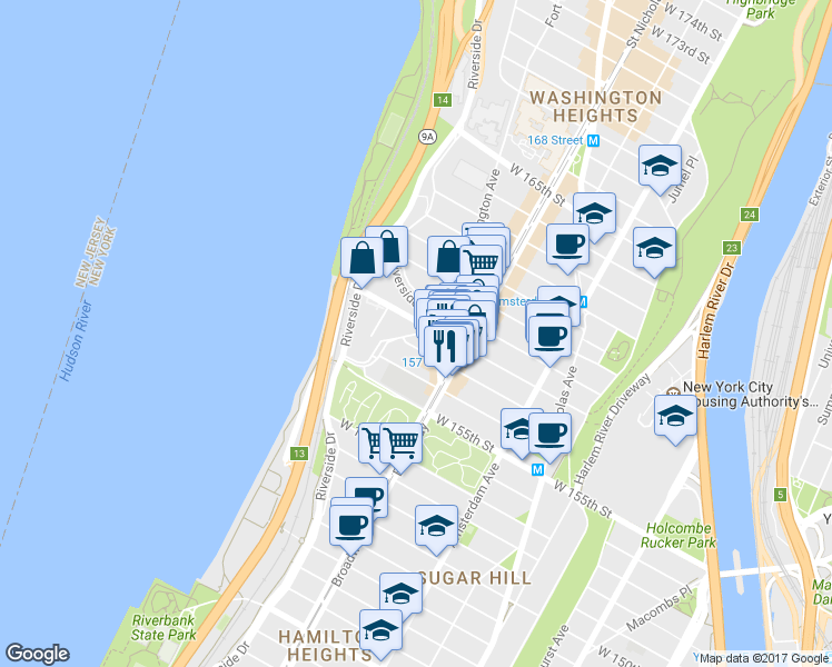 map of restaurants, bars, coffee shops, grocery stores, and more near 804 Riverside Drive in New York