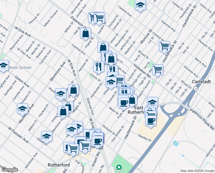 map of restaurants, bars, coffee shops, grocery stores, and more near 121 Uhland Street in East Rutherford