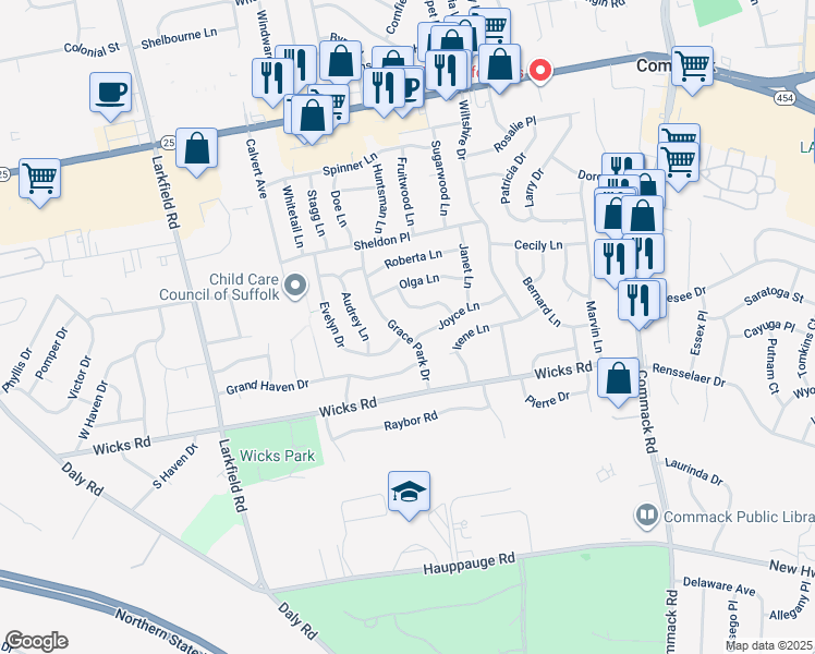 map of restaurants, bars, coffee shops, grocery stores, and more near 13 Grace Park Drive in Commack