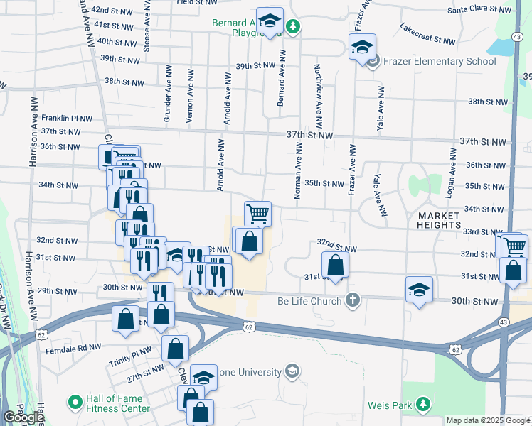 map of restaurants, bars, coffee shops, grocery stores, and more near 848 34th Street Northwest in Canton