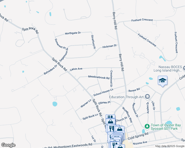 map of restaurants, bars, coffee shops, grocery stores, and more near 61 Meadowbrook Road in Syosset