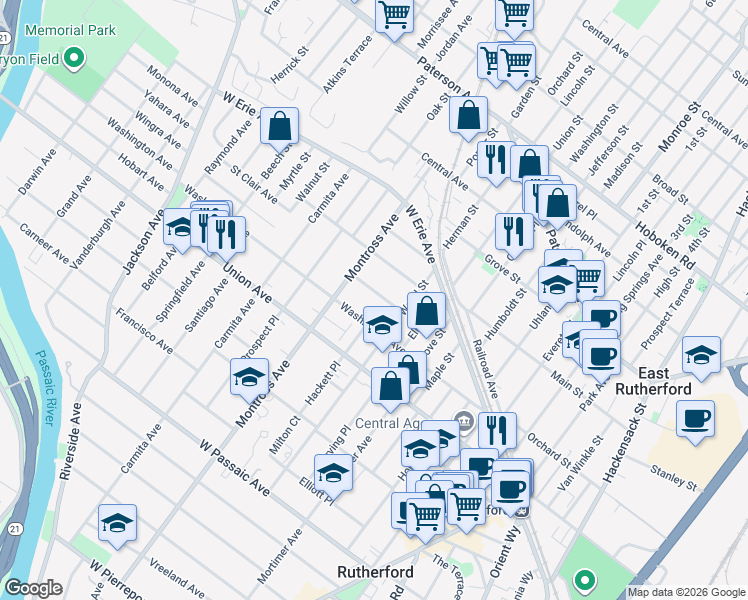 map of restaurants, bars, coffee shops, grocery stores, and more near 122 Washington Avenue in Rutherford