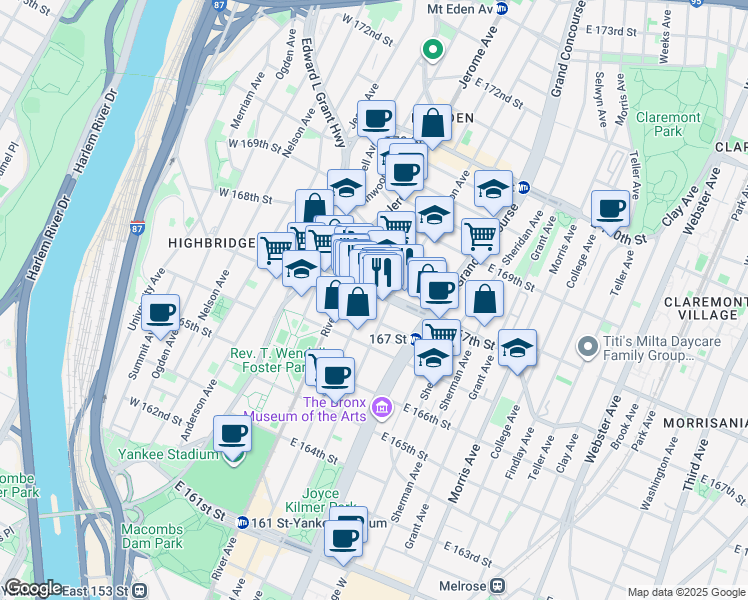 map of restaurants, bars, coffee shops, grocery stores, and more near in The Bronx