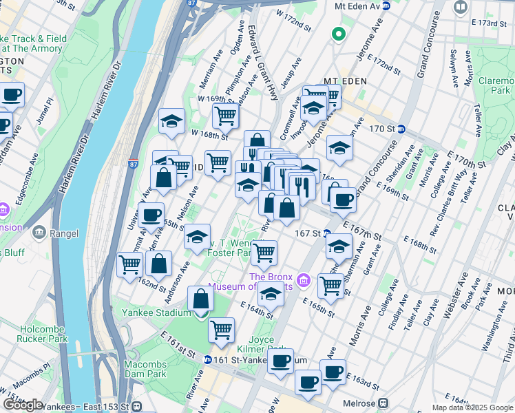 map of restaurants, bars, coffee shops, grocery stores, and more near 1164 Cromwell Avenue in Bronx