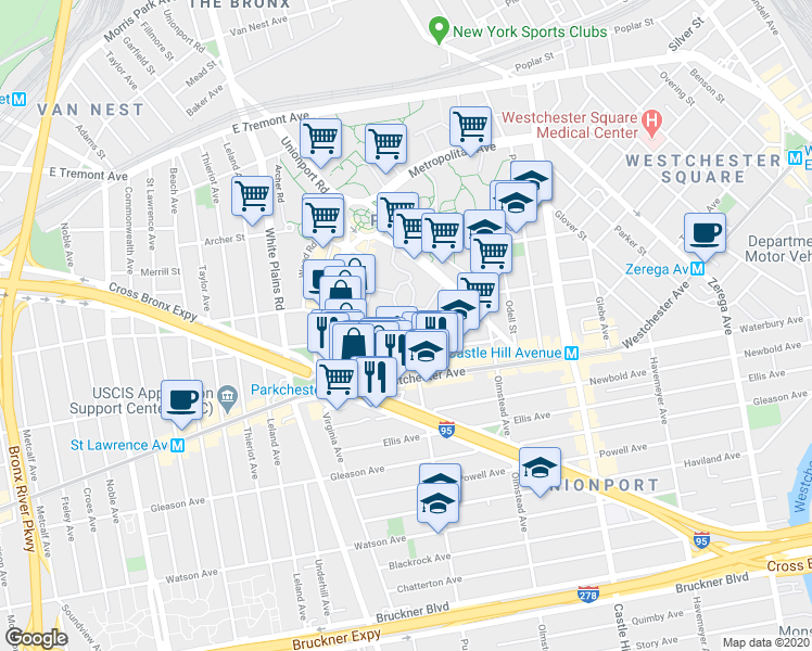 map of restaurants, bars, coffee shops, grocery stores, and more near 1963 Benedict Avenue in Bronx