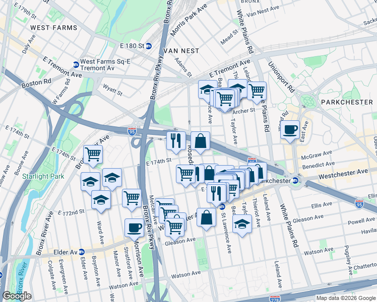 map of restaurants, bars, coffee shops, grocery stores, and more near in The Bronx
