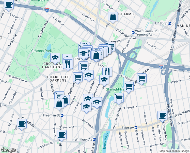 map of restaurants, bars, coffee shops, grocery stores, and more near in The Bronx