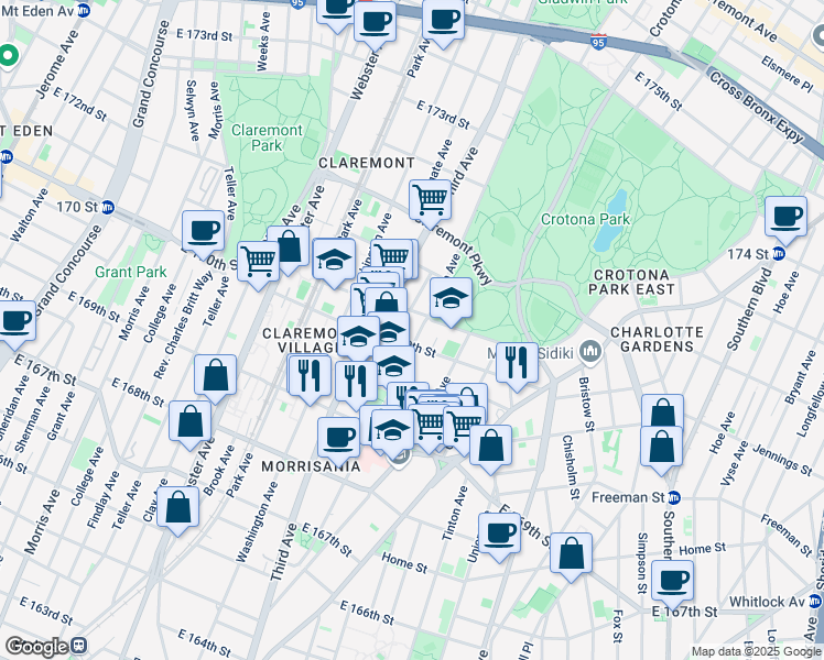 map of restaurants, bars, coffee shops, grocery stores, and more near 1399 Fulton Avenue in Bronx