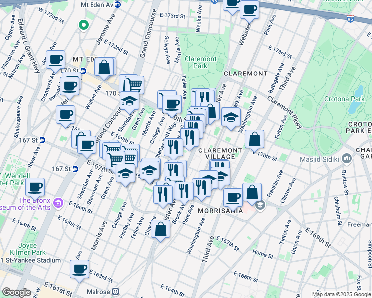 map of restaurants, bars, coffee shops, grocery stores, and more near in The Bronx