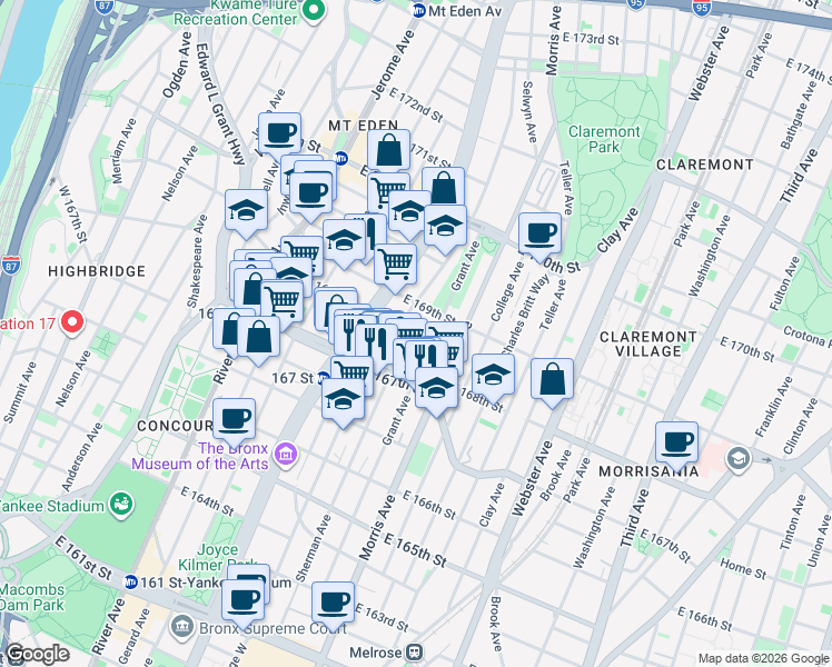 map of restaurants, bars, coffee shops, grocery stores, and more near in The Bronx