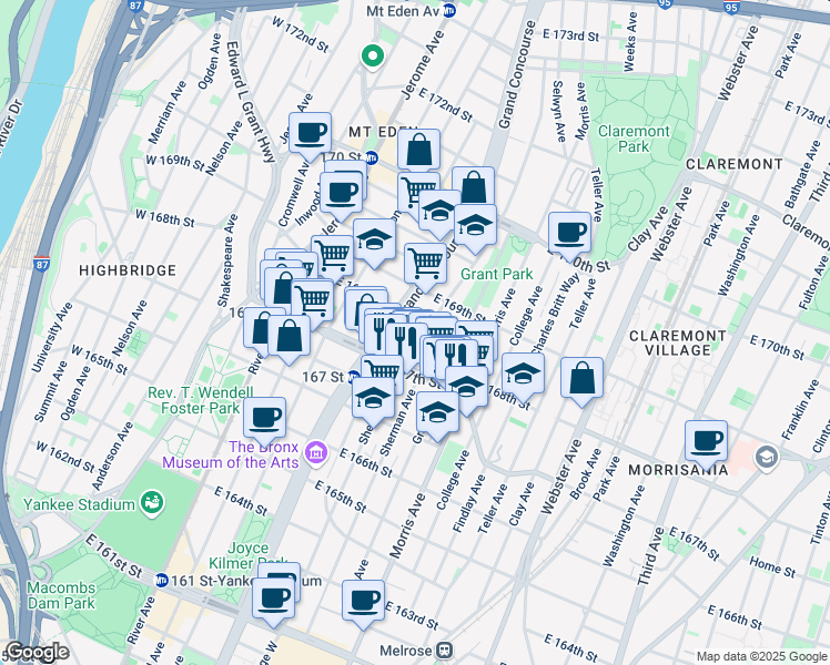map of restaurants, bars, coffee shops, grocery stores, and more near in The Bronx