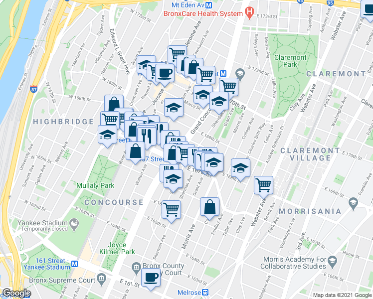 map of restaurants, bars, coffee shops, grocery stores, and more near 187 East 167th Street in Bronx