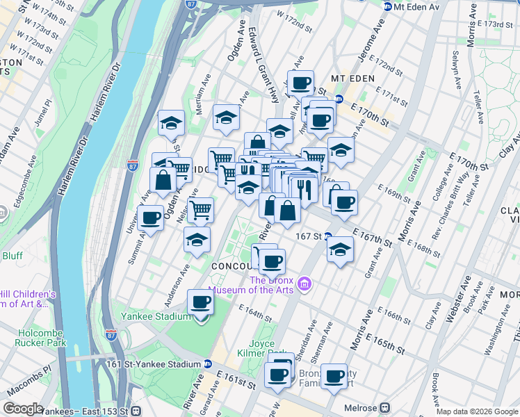 map of restaurants, bars, coffee shops, grocery stores, and more near in Bronx