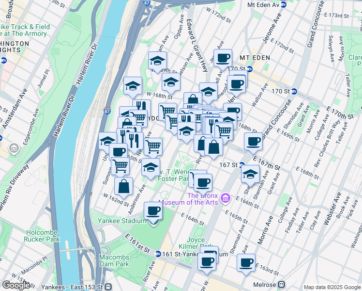 map of restaurants, bars, coffee shops, grocery stores, and more near 1115 Jerome Avenue in Bronx