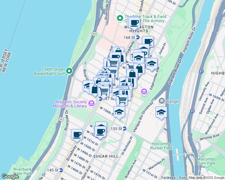 map of restaurants, bars, coffee shops, grocery stores, and more near 528 West 159th Street in New York