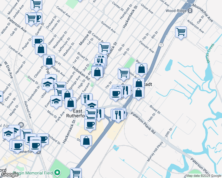 map of restaurants, bars, coffee shops, grocery stores, and more near 92 Hoboken Road in East Rutherford