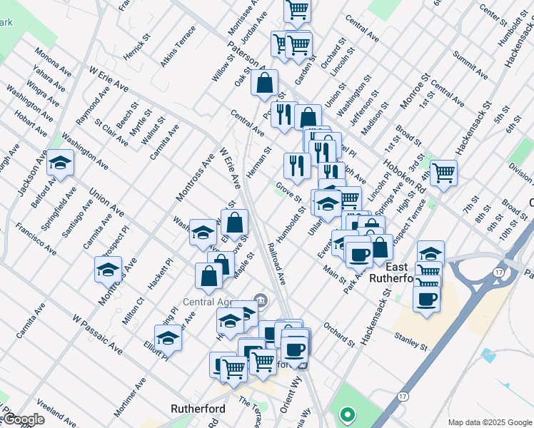 map of restaurants, bars, coffee shops, grocery stores, and more near 316 Main Street in East Rutherford