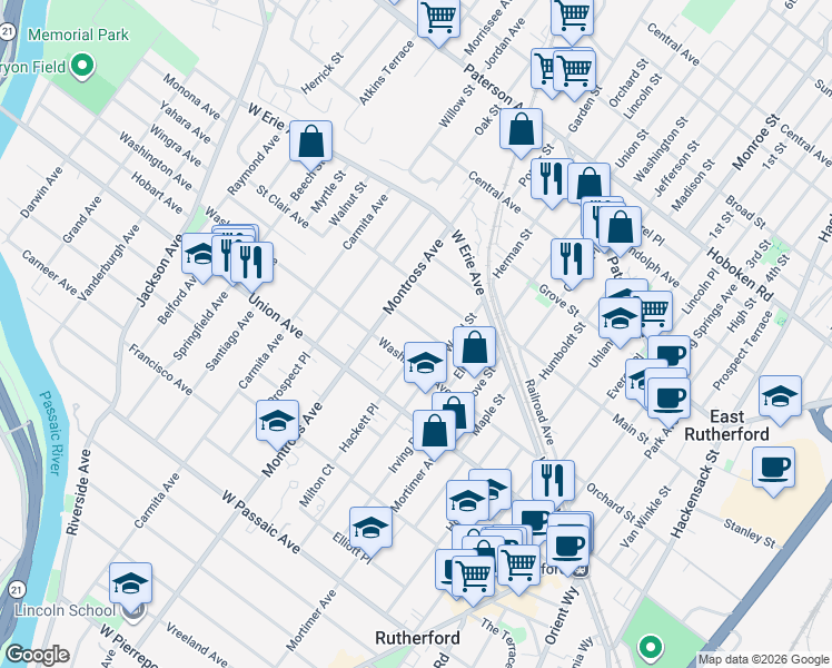 map of restaurants, bars, coffee shops, grocery stores, and more near 122 Washington Avenue in Rutherford