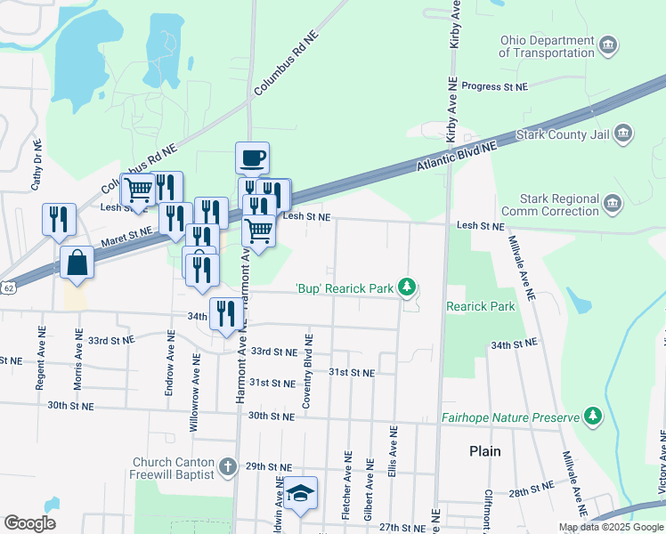 map of restaurants, bars, coffee shops, grocery stores, and more near 3705 35th Street Northeast in Canton