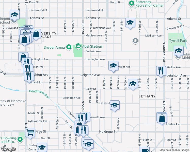 map of restaurants, bars, coffee shops, grocery stores, and more near 2201 North 58th Street in Lincoln