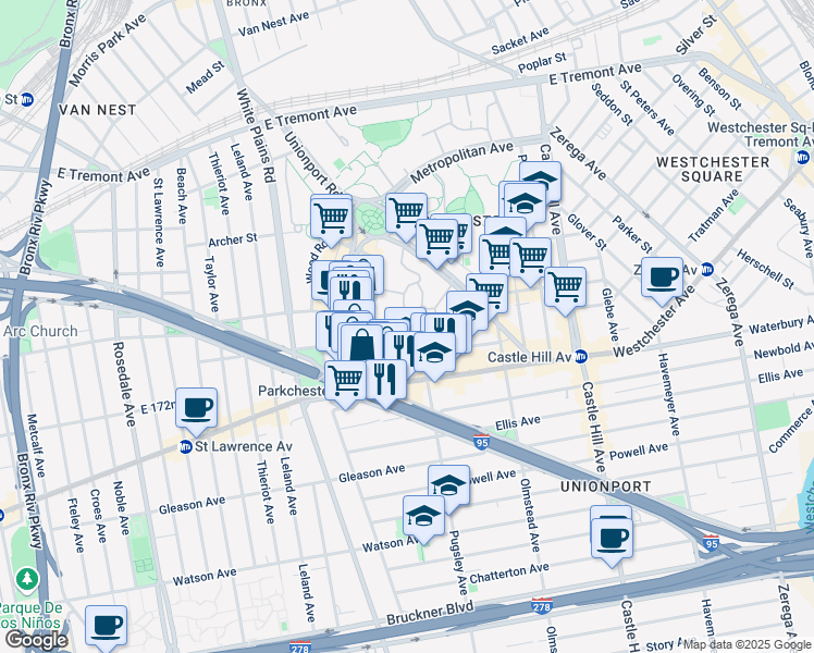 map of restaurants, bars, coffee shops, grocery stores, and more near 1969 McGraw Avenue in Bronx