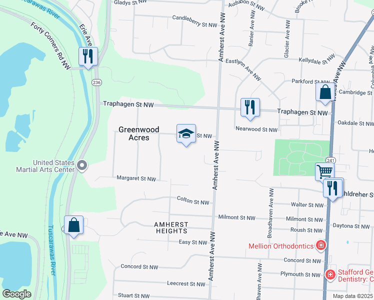 map of restaurants, bars, coffee shops, grocery stores, and more near 8750 Jane Street Northwest in Massillon