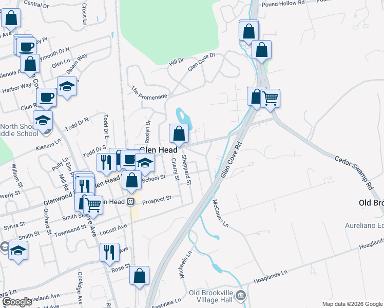 map of restaurants, bars, coffee shops, grocery stores, and more near 11 Sheppard Street in Glen Head