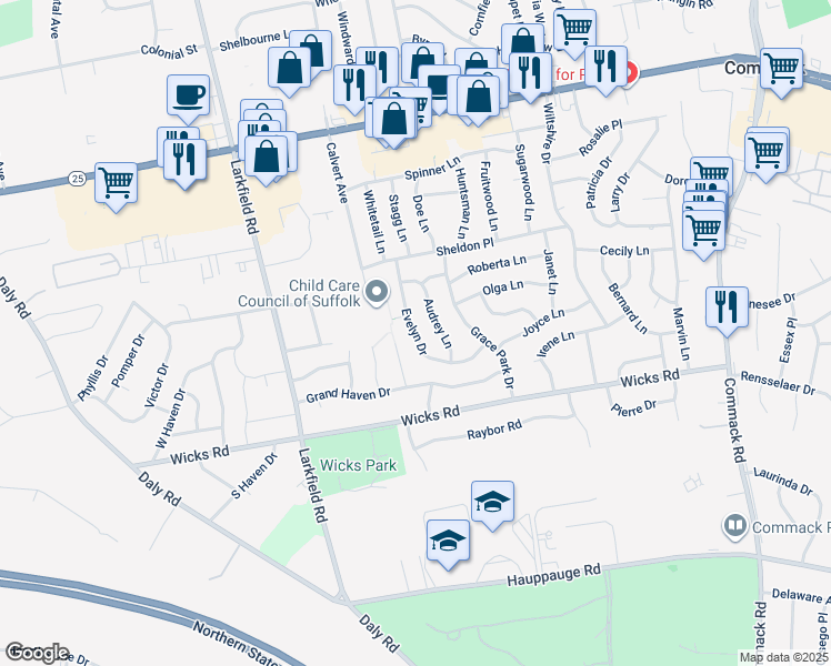 map of restaurants, bars, coffee shops, grocery stores, and more near 27 Evelyn Drive in Commack